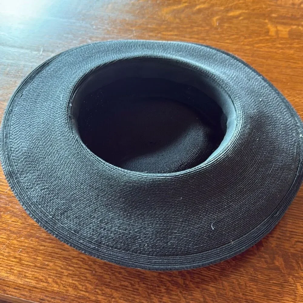 Vintage Black‎ Finely Woven Straw Hat With Black Velvet Bow Women’s Size Small - Picture 12 of 13
